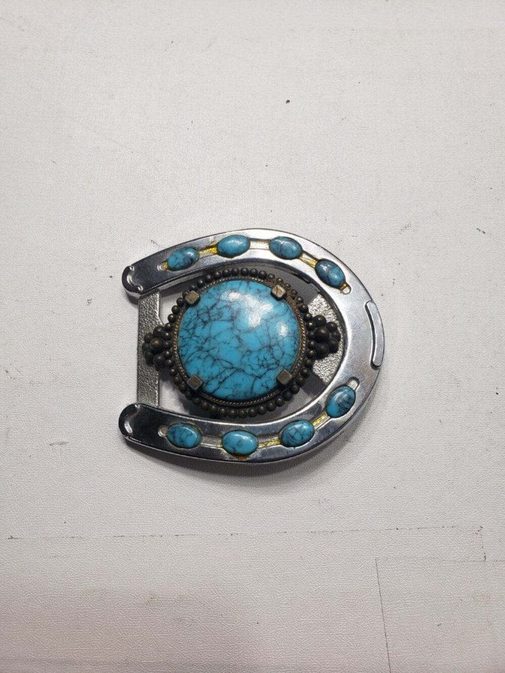 Vintage Western Horseshoe Belt Buckle Turquoise Color Cabochon Southwestern